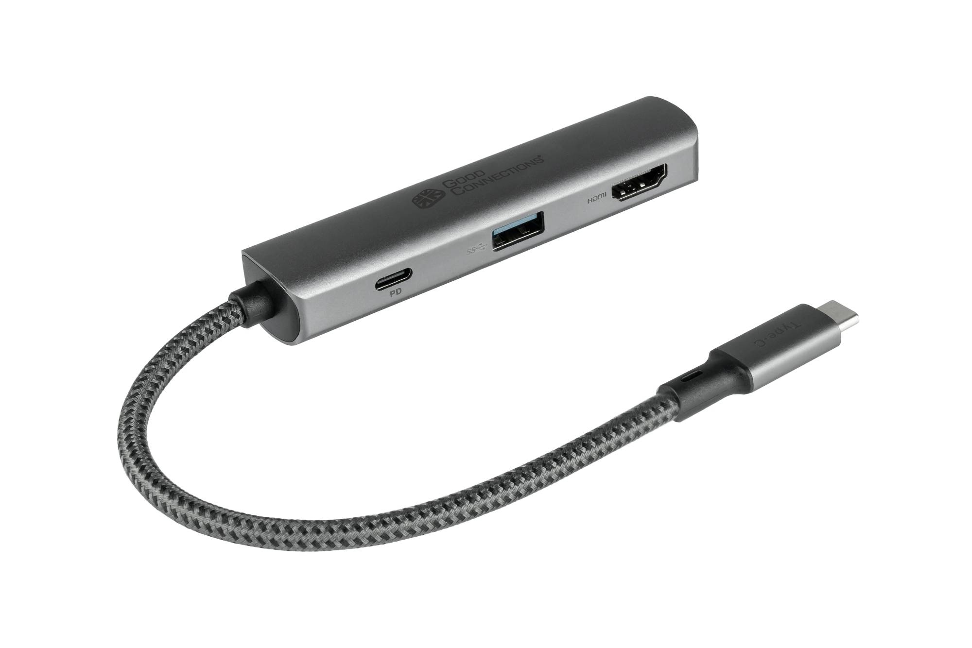 Un hub USB-C grigio con varie porte e un cavo intrecciato nero.