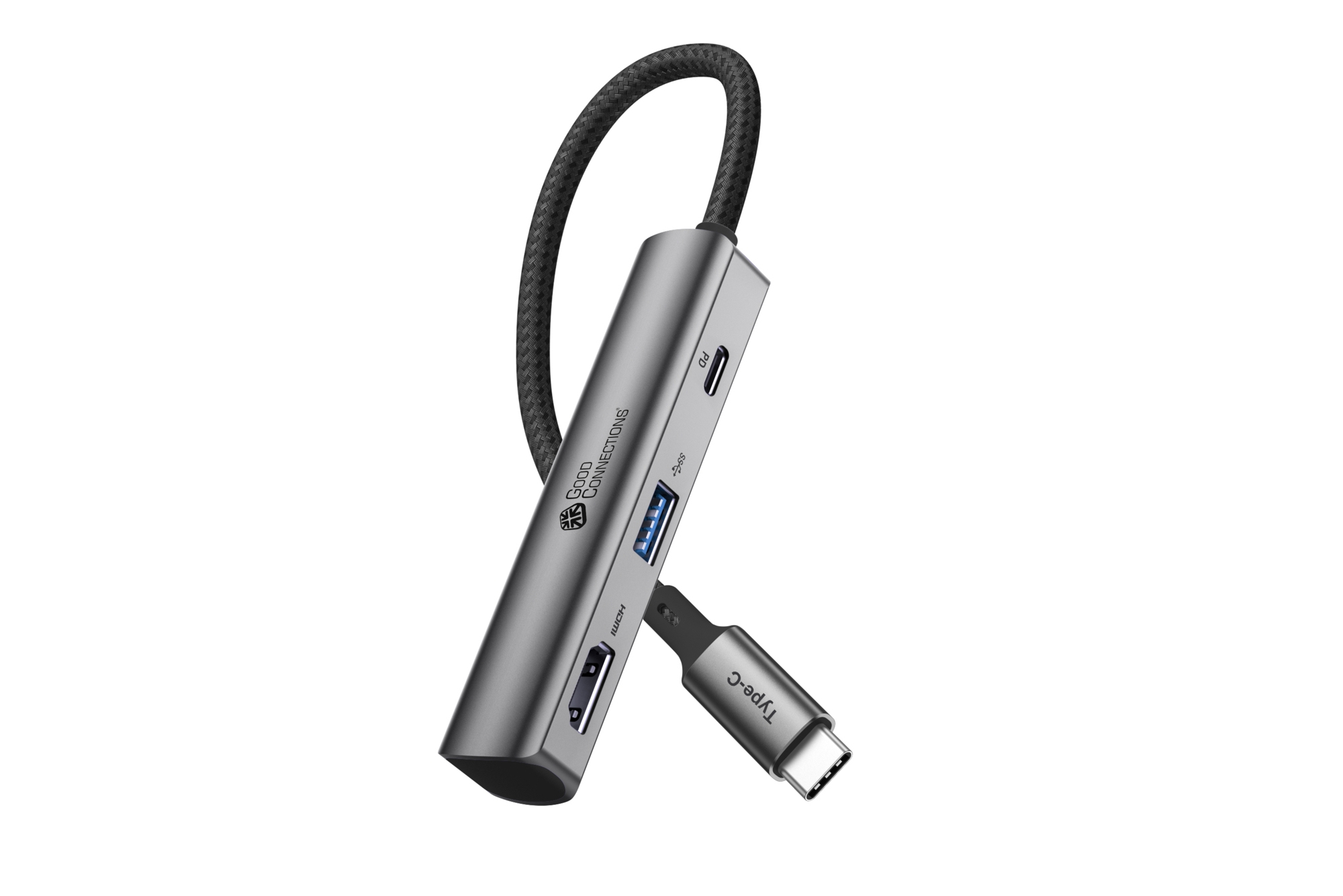 Hub USB-C argentato con più porte, collegato a un cavo intrecciato, sfondo bianco.