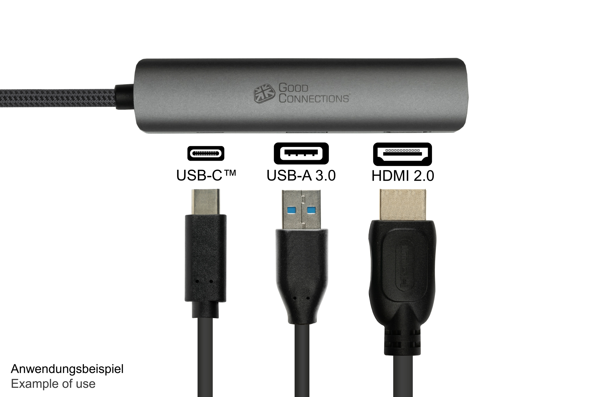 Un hub USB con connettori USB-C, USB-A 3.0 e HDMI 2.0, con cavi, su sfondo bianco.