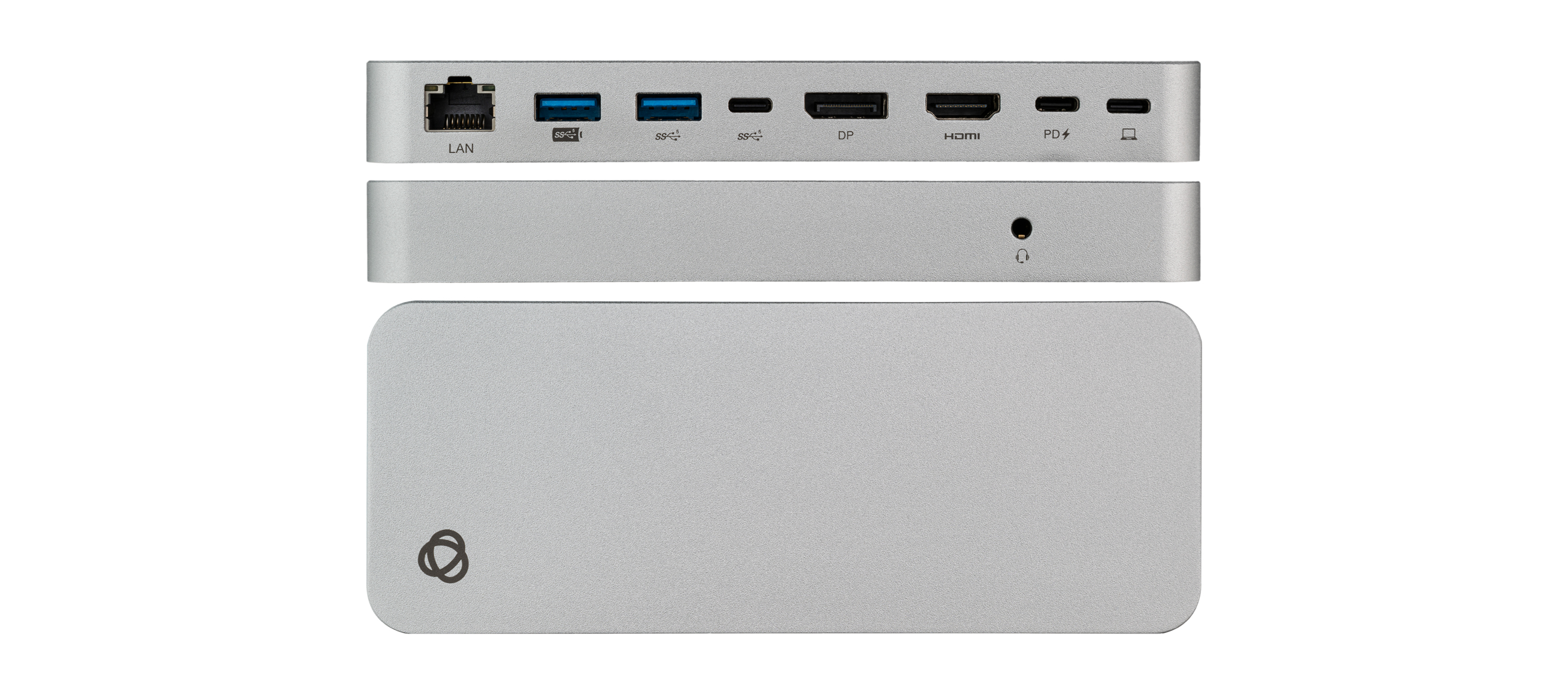 Docking station argentata con più porte. Include LAN, USB, HDMI e altre connessioni.