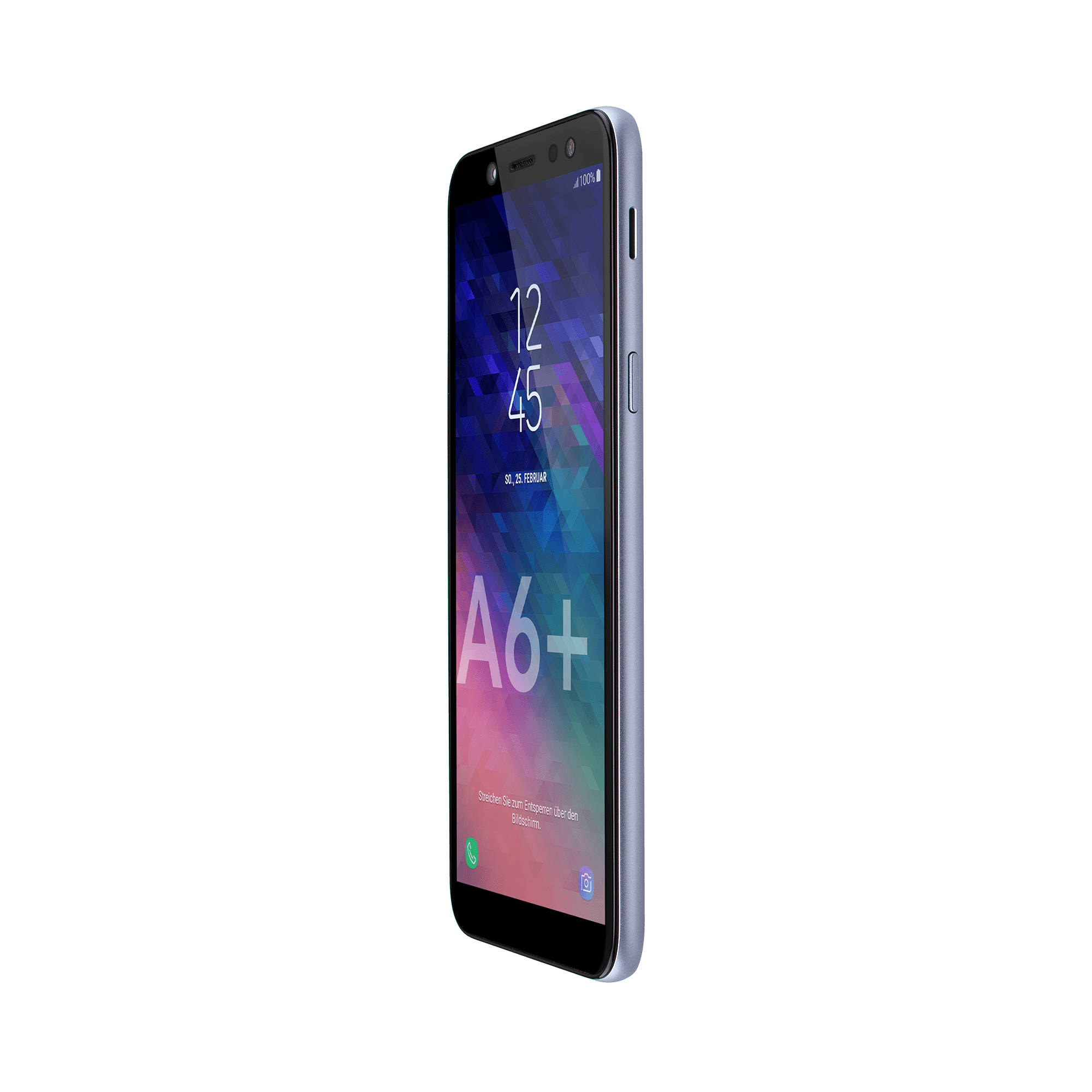 Uno smartphone blu mostra una schermata di blocco con l'ora e il logo A6+.