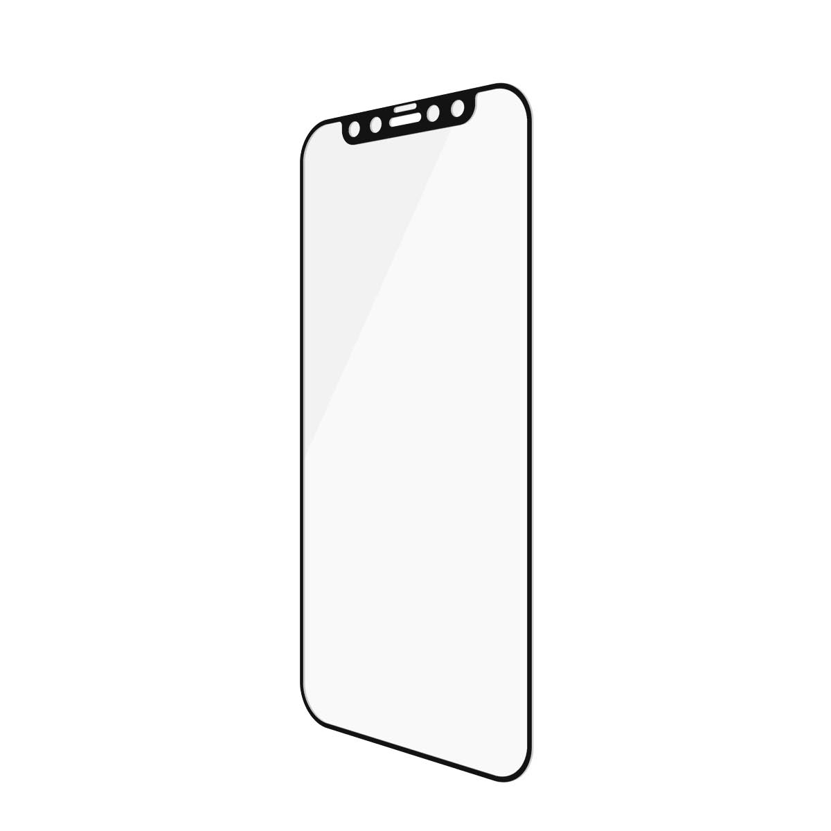 Protezione schermo iPhone. Vetro trasparente, rettangolare con bordi neri, per un telefono con notch.