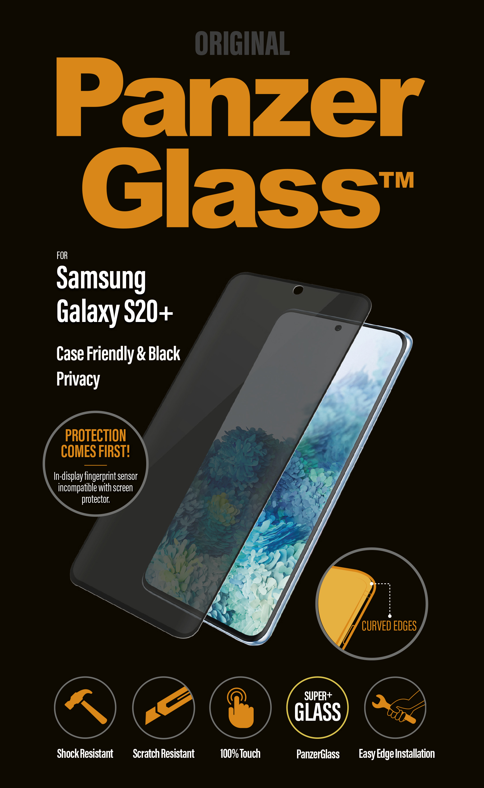 Pudełko z ochroną ekranu PanzerGlass dla Samsung Galaxy S20+. Czarne pudełko ze szczegółami i zdjęciem telefonu.