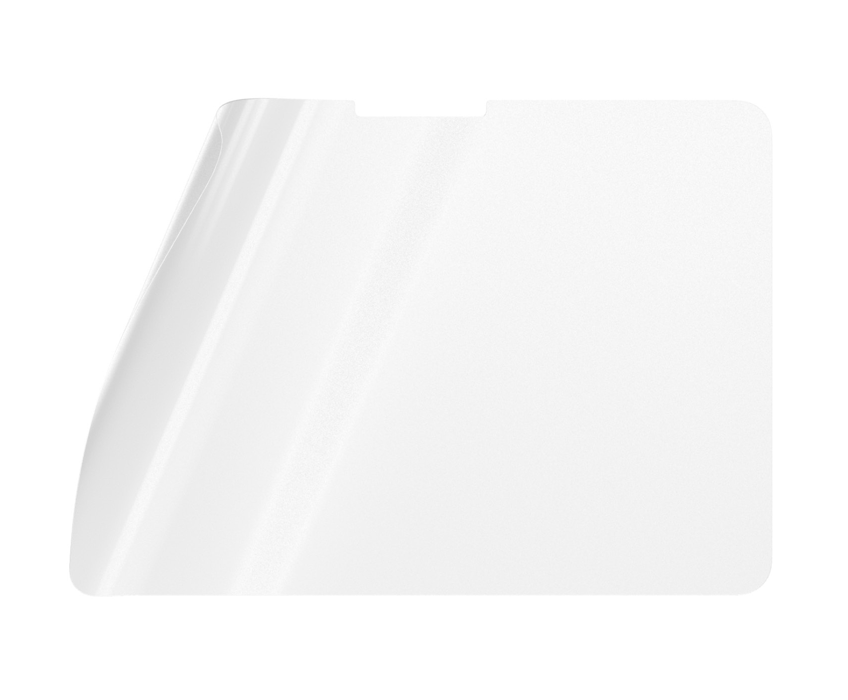 Transparante schermbeschermer, licht gebogen. Wit oppervlak, waarschijnlijk voor telefoon of tablet.