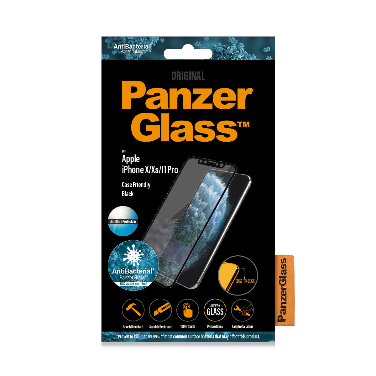 Scatola PanzerGlass per iPhone X/Xs/11 Pro. Scatola nera con dettagli del prodotto e telefono con protezione.