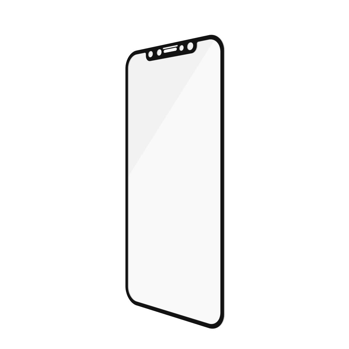 Protezione schermo iPhone. Vetro trasparente, rettangolare con bordi neri, per un telefono con notch.