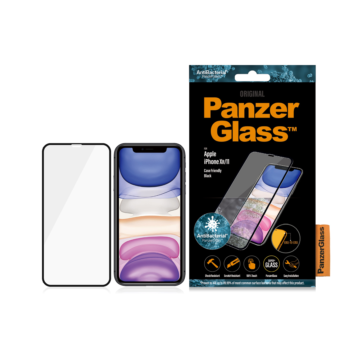 Confezione di protezione schermo iPhone e PanzerGlass. Mostra iPhone e protezione, con dettagli.