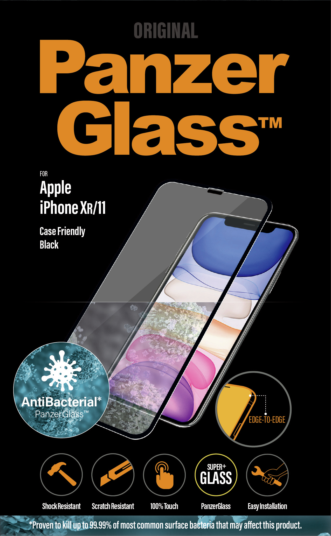 Immagine prodotto protezione schermo PanzerGlass. Mostra iPhone con protezione e caratteristiche.