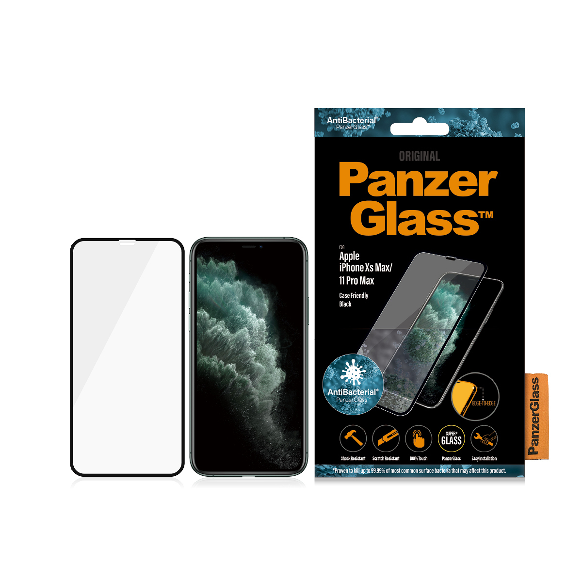 Confezione di protezione schermo iPhone e PanzerGlass. Mostra iPhone e protezione, con dettagli.