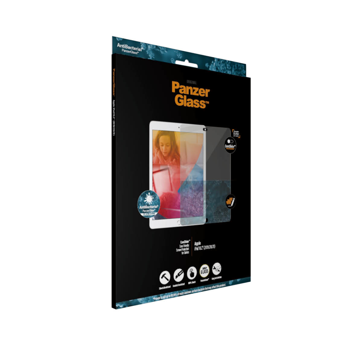 Scatola di protezione schermo PanzerGlass per un tablet, con un'immagine di una persona che lo utilizza.