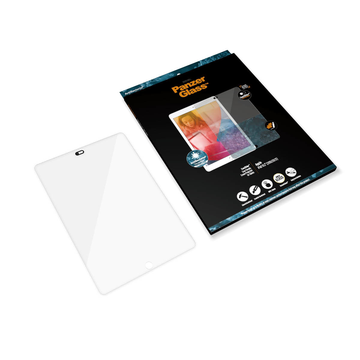 Tablet con protezione schermo in una scatola. La scatola mostra tablet e protezione.