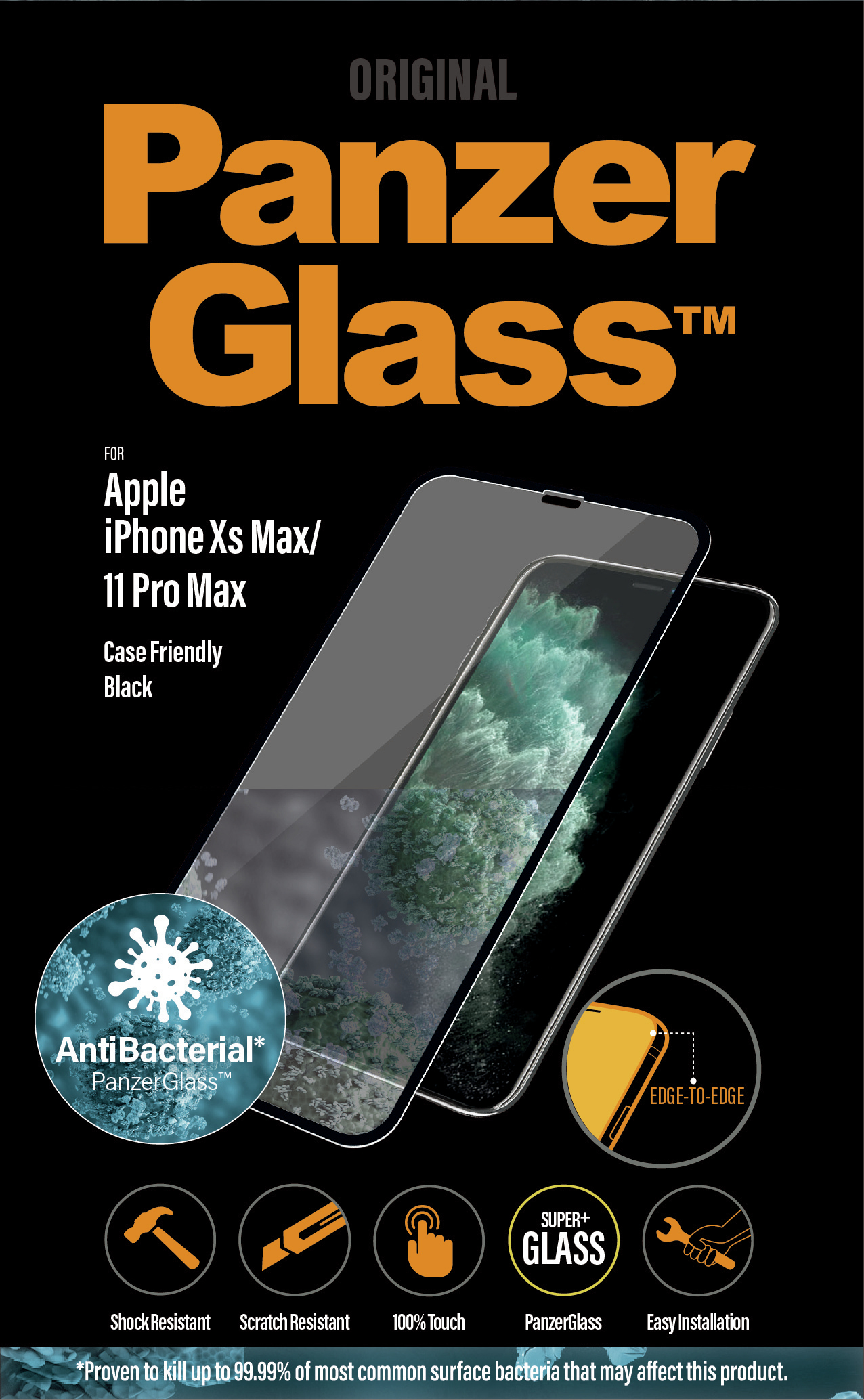 Immagine prodotto protezione schermo PanzerGlass. Mostra iPhone con protezione e caratteristiche.
