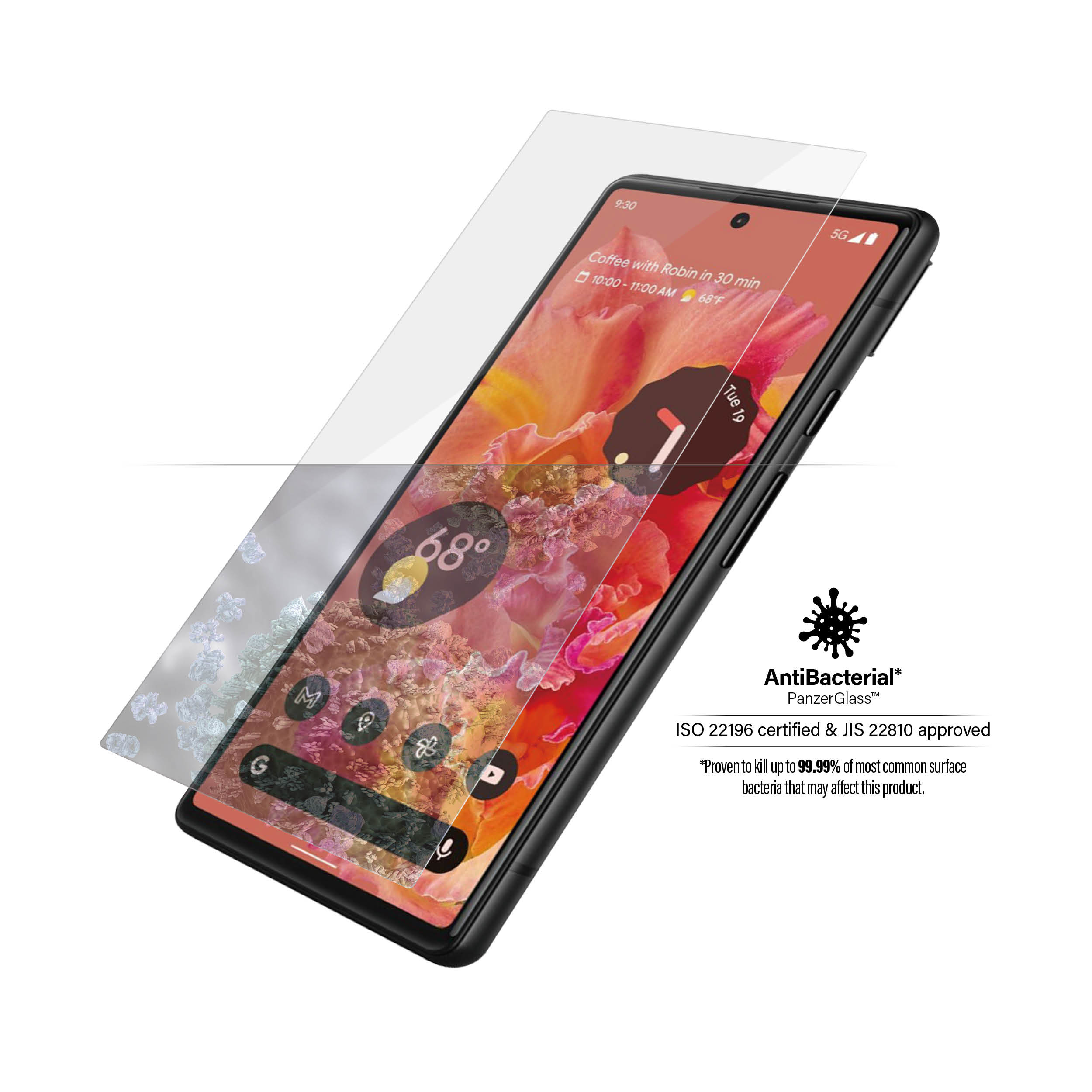 Telefono Google Pixel con protezione schermo PanzerGlass e informazioni prodotto. Inclinato.
