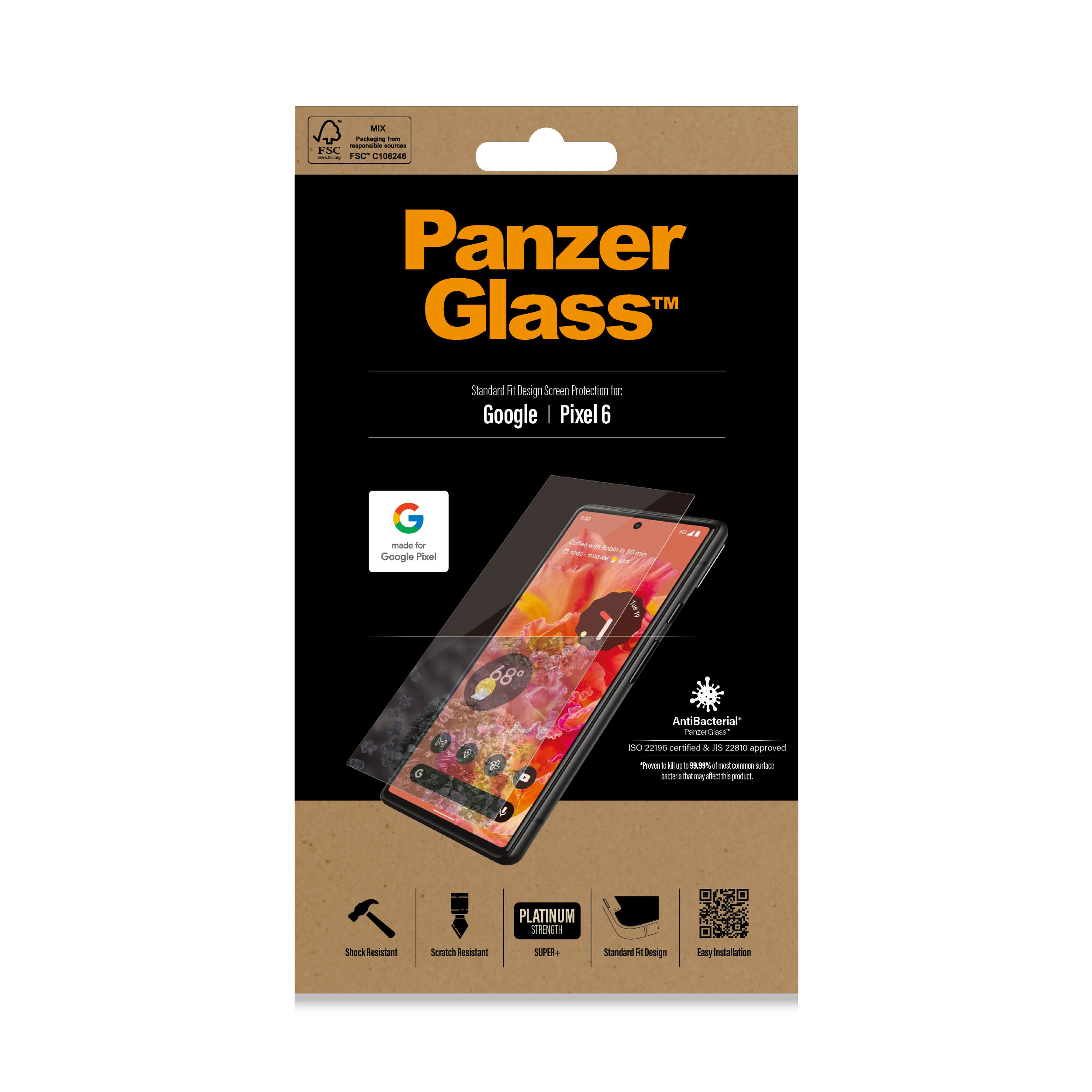 Confezione protezione schermo PanzerGlass per Google Pixel 6. Mostra confezione e telefono.