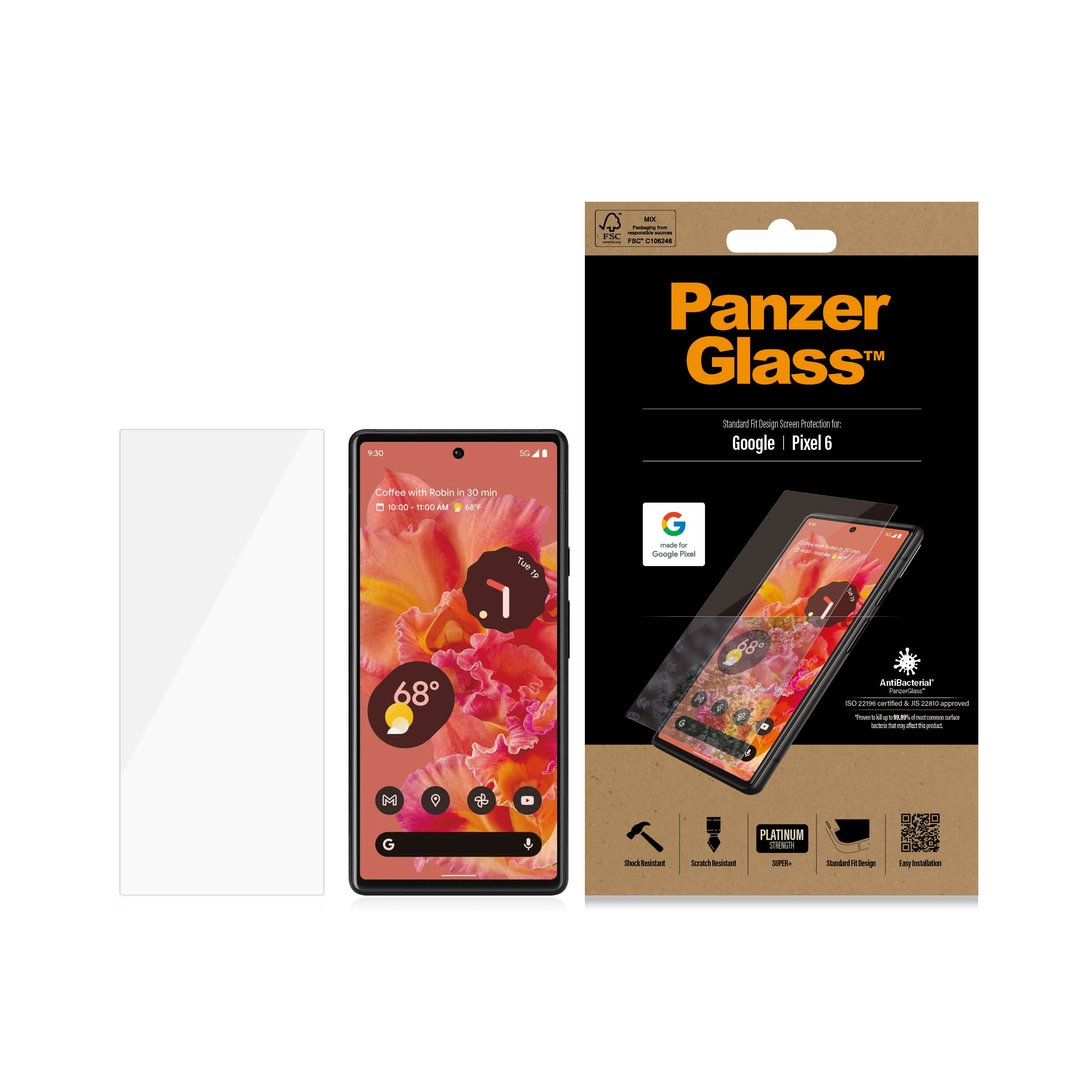 Confezione protezione schermo PanzerGlass e telefono. Mostra confezione e un Google Pixel 6.