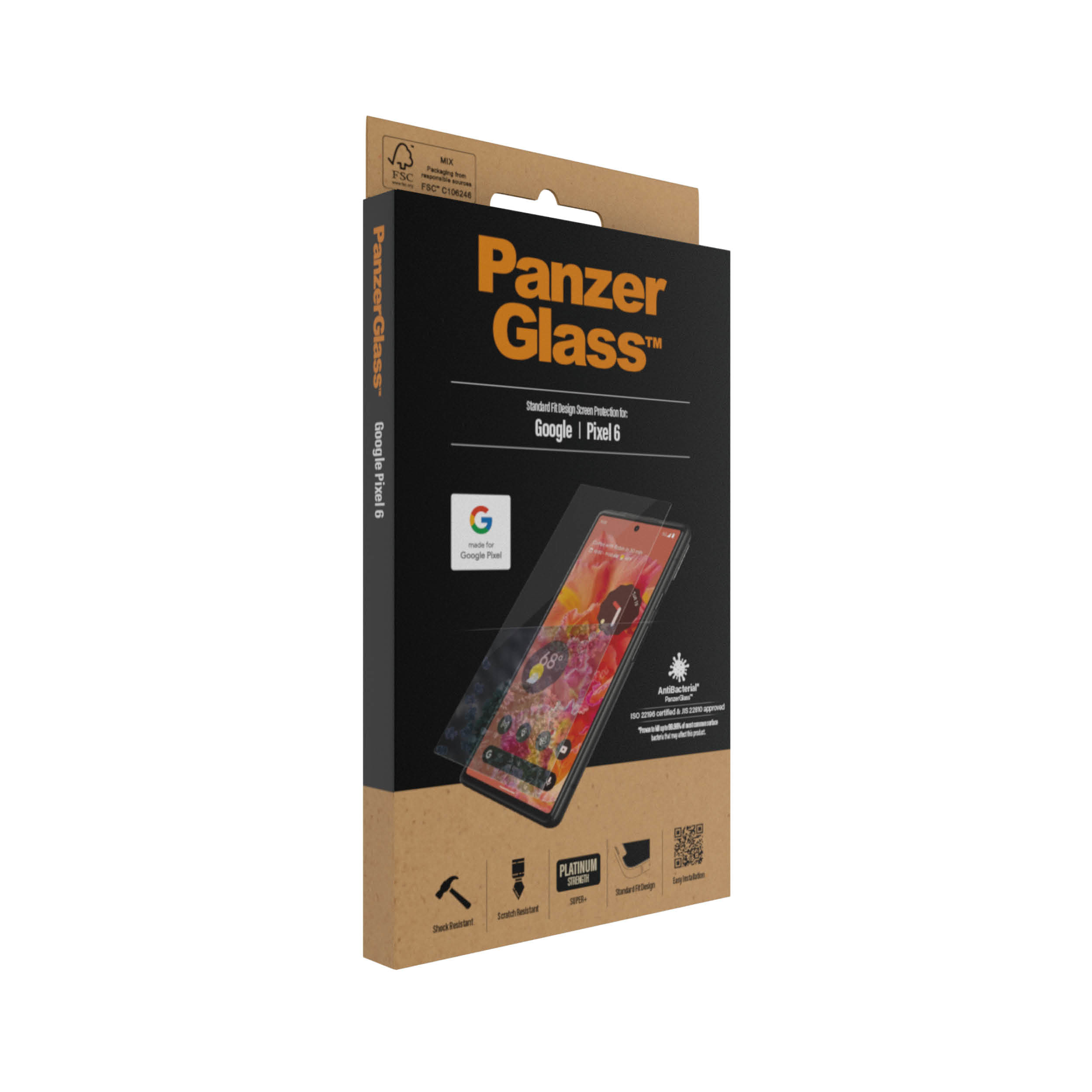 Confezione protezione schermo PanzerGlass e telefono. La confezione è nera e marrone.