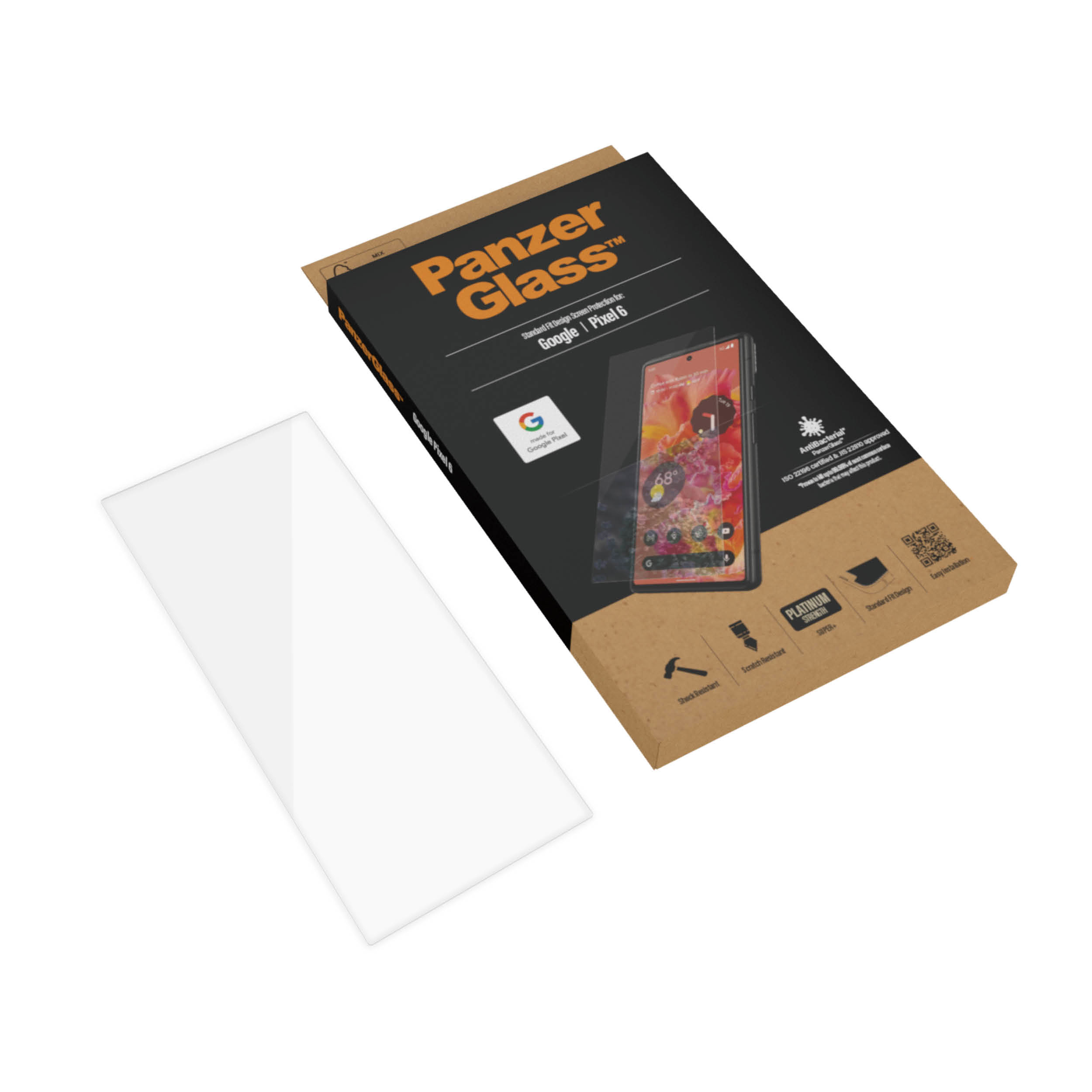 Protezione schermo PanzerGlass e confezione. Protezione davanti, confezione leggermente angolata.