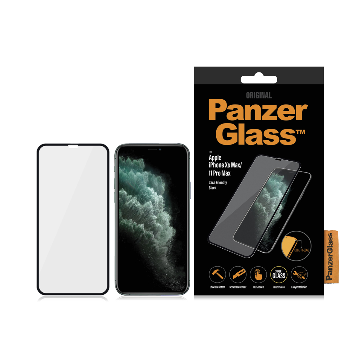 Panzer Glass screenprotector voor iPhone. Verpakking toont telefoon en screenprotector.