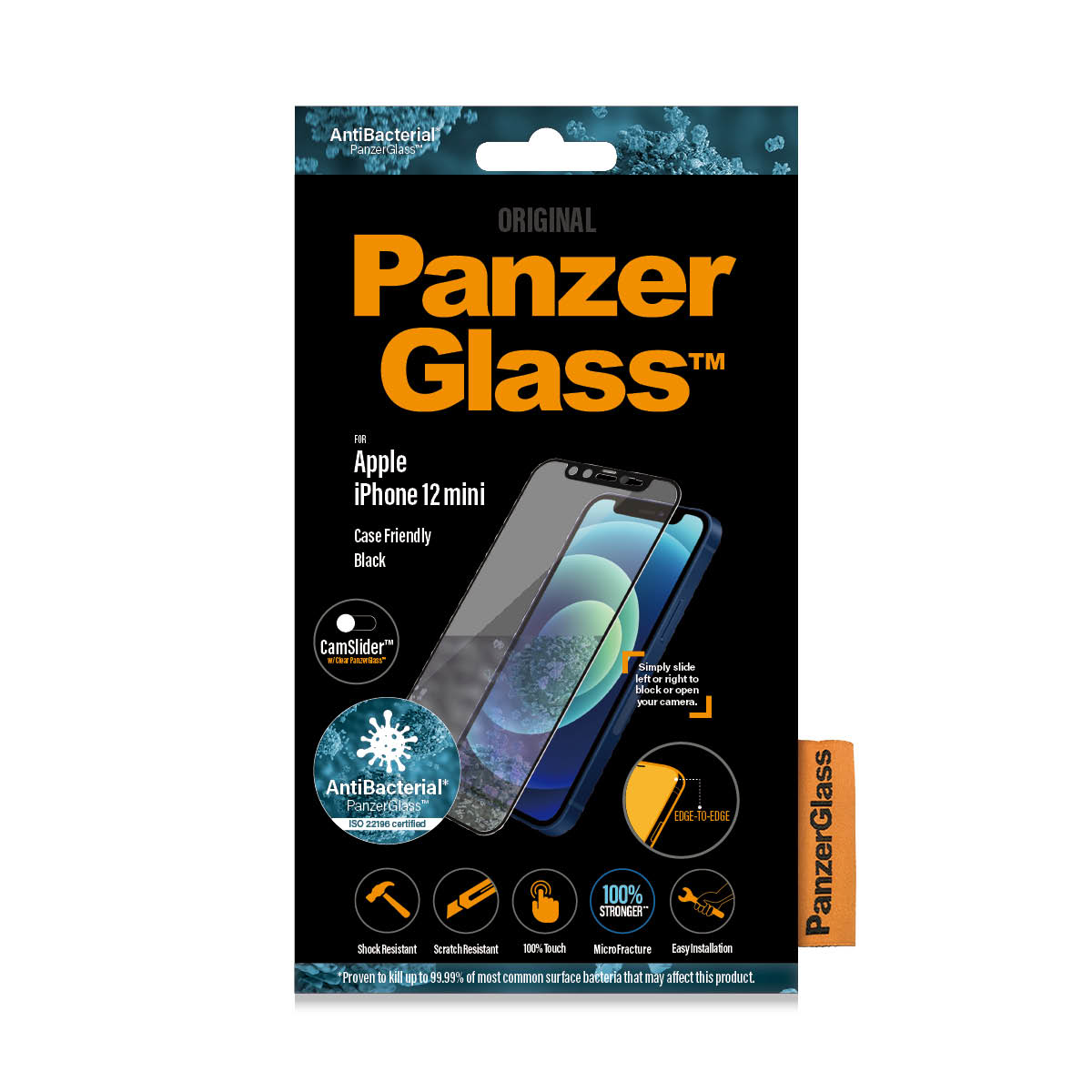 Confezione PanzerGlass con telefono e protezione. Mostra il telefono, la protezione e la funzionalità edge-to-edge.
