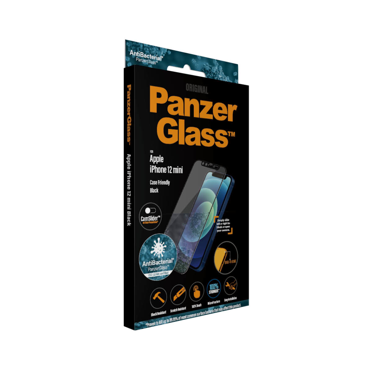 Confezione PanzerGlass angolata. La confezione include il telefono e un proteggi schermo.