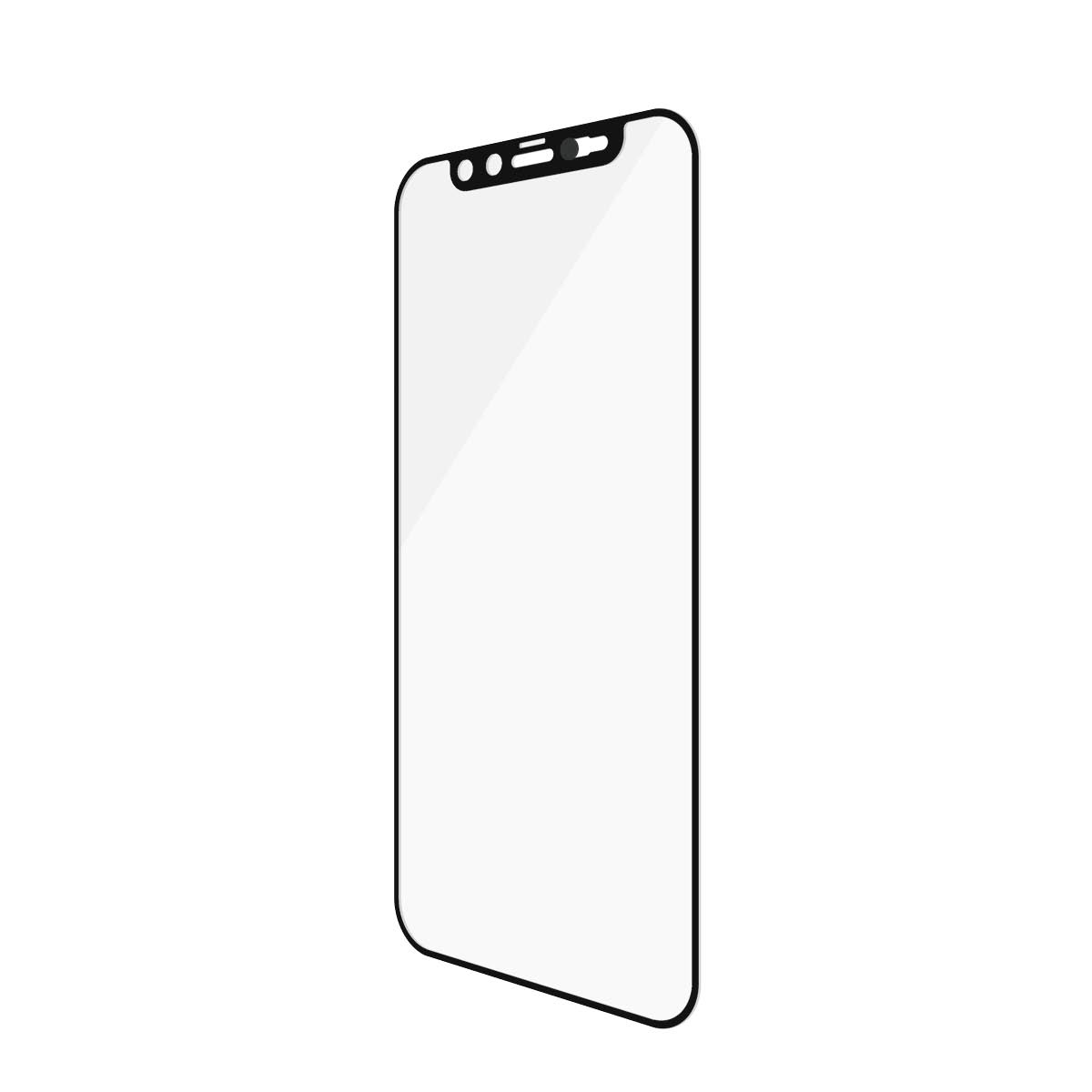 Un proteggi schermo per smartphone. Ha un bordo nero ed è posizionato su una superficie bianca.