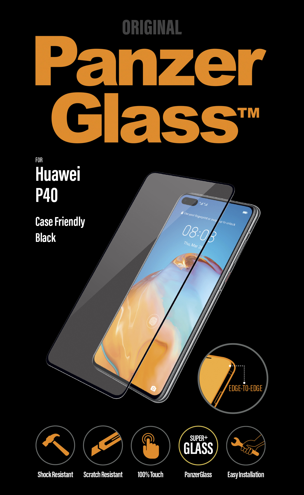 Confezione PanzerGlass con telefono. Mostra il telefono con protezione ed etichetta edge-to-edge.