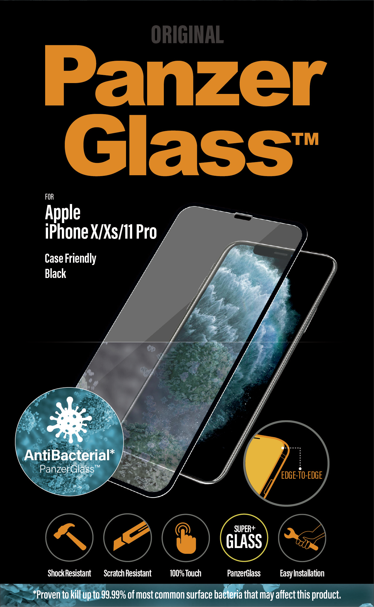Confezione PanzerGlass con telefono. Mostra il telefono con protezione ed etichetta edge-to-edge.
