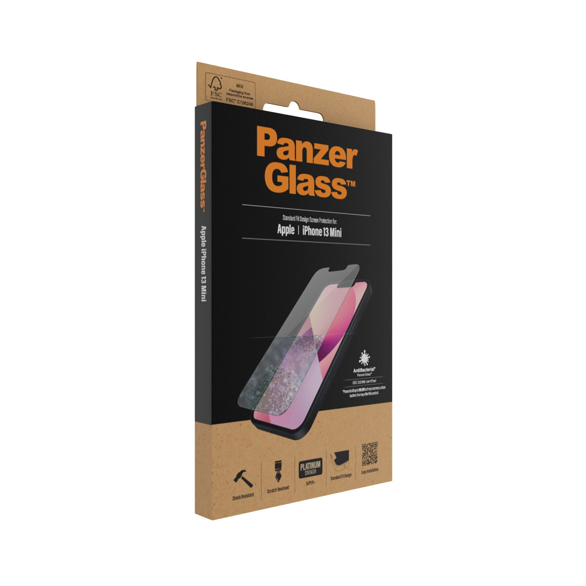 Verpakking van Panzer Glass screenprotector. Toont een telefoon en screenprotector.