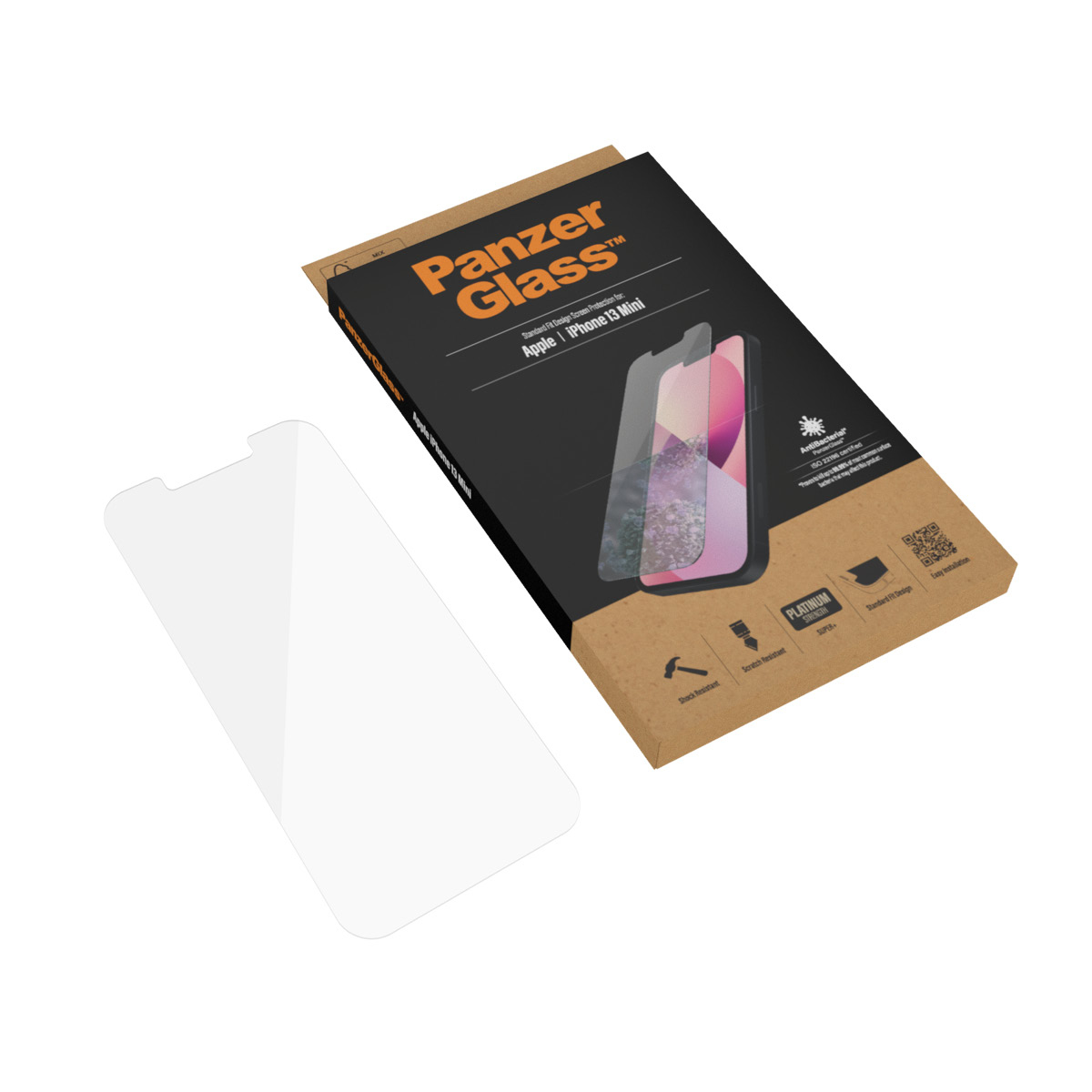 Een schermbeschermer en de verpakking op een wit oppervlak. De verpakking toont een telefoonscherm.