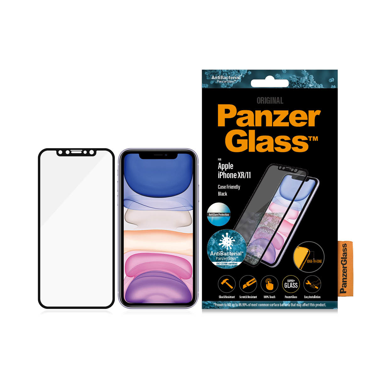 Proteggi schermo PanzerGlass nero e telefono. La scatola mostra lo schermo del telefono e il proteggi vetro separatamente.