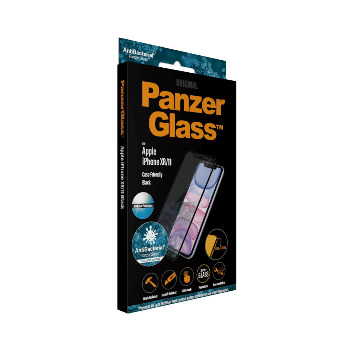 Scatola nera PanzerGlass con proteggi schermo. La scatola mostra lo schermo del telefono con il proteggi vetro.