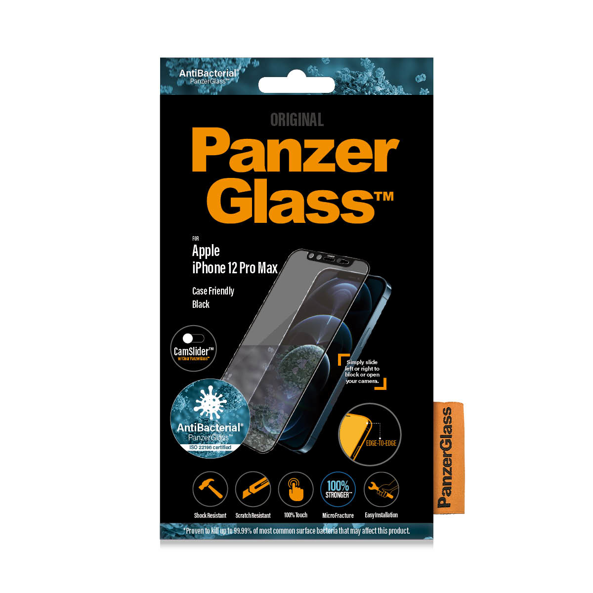 Scatola PanzerGlass con un telefono e proteggi schermo. Il telefono ha un proteggi schermo. La scatola mostra il telefono.