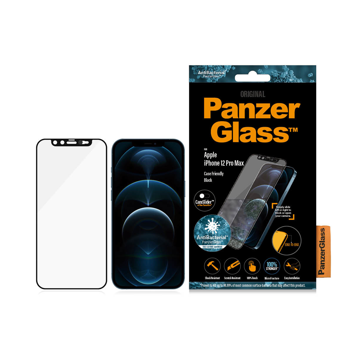 Scatola PanzerGlass con un telefono e un proteggi schermo. Il telefono è accanto alla scatola, il proteggi accanto al telefono.