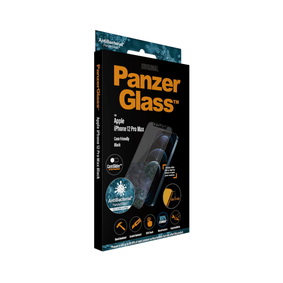 Una scatola PanzerGlass con un telefono e proteggi schermo. Il telefono ha un proteggi schermo. La scatola è angolata.