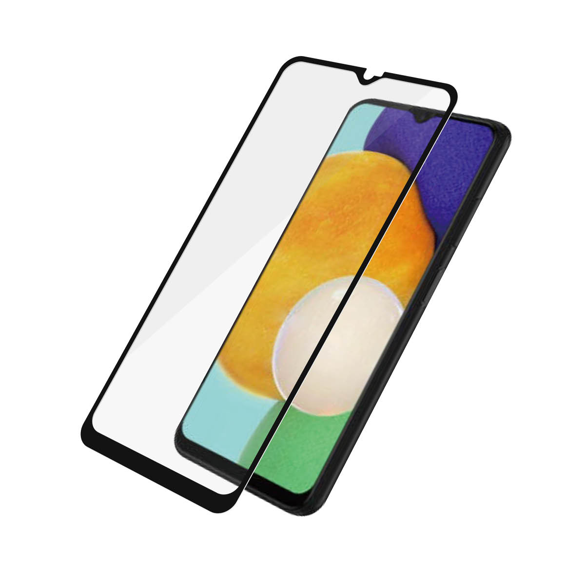 Un telefono con un proteggi schermo. Il telefono mostra colori arancione, bianco, verde. Il proteggi schermo è visibile.
