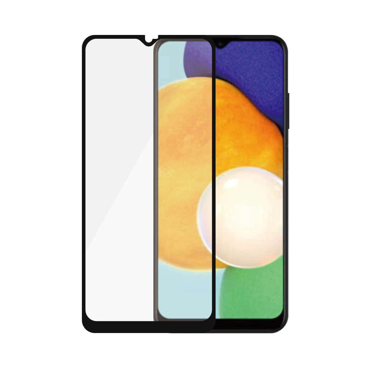 Un telefono con un proteggi schermo. Lo schermo mostra i colori bianco, verde e arancione. Il proteggi schermo è visibile.