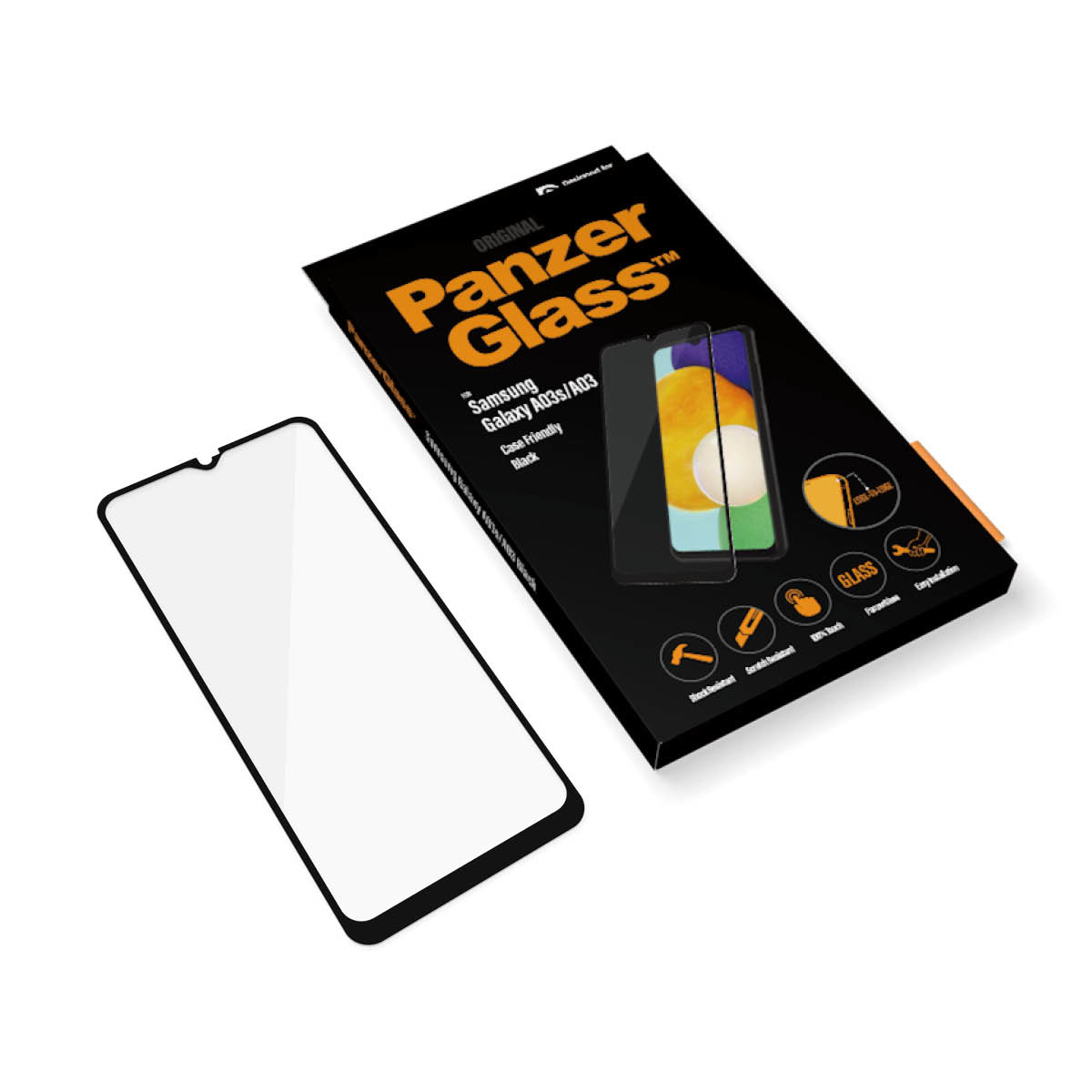 Scatola PanzerGlass con proteggi schermo. La scatola ha il telefono e il proteggi schermo. Il telefono e il proteggi sono mostrati.
