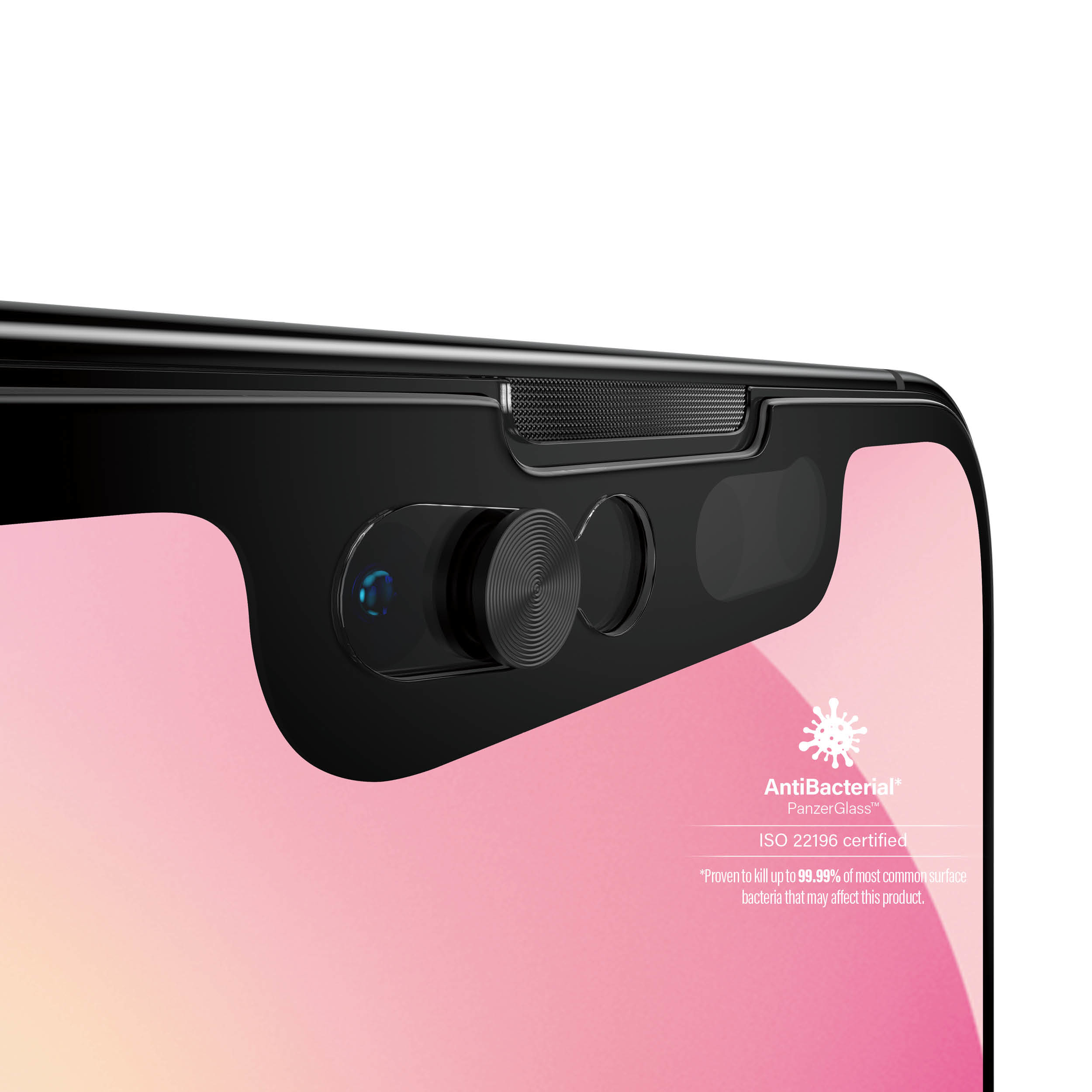 Primo piano di un telefono con vetro protettivo. La fotocamera e lo schermo sono visibili. Il telefono mostra il colore rosa.