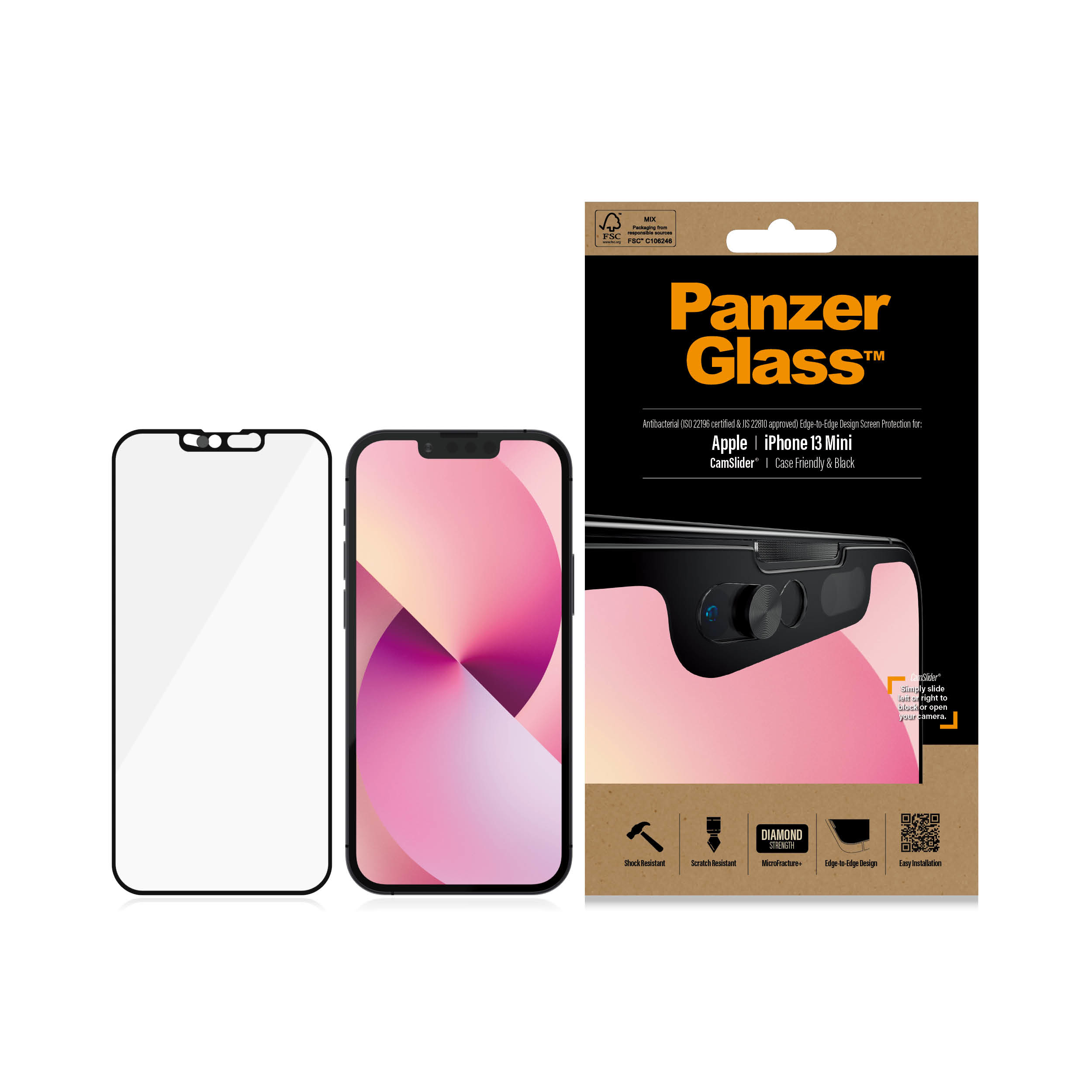 Proteggi schermo iPhone 13 Mini e telefono su superficie bianca con confezione.