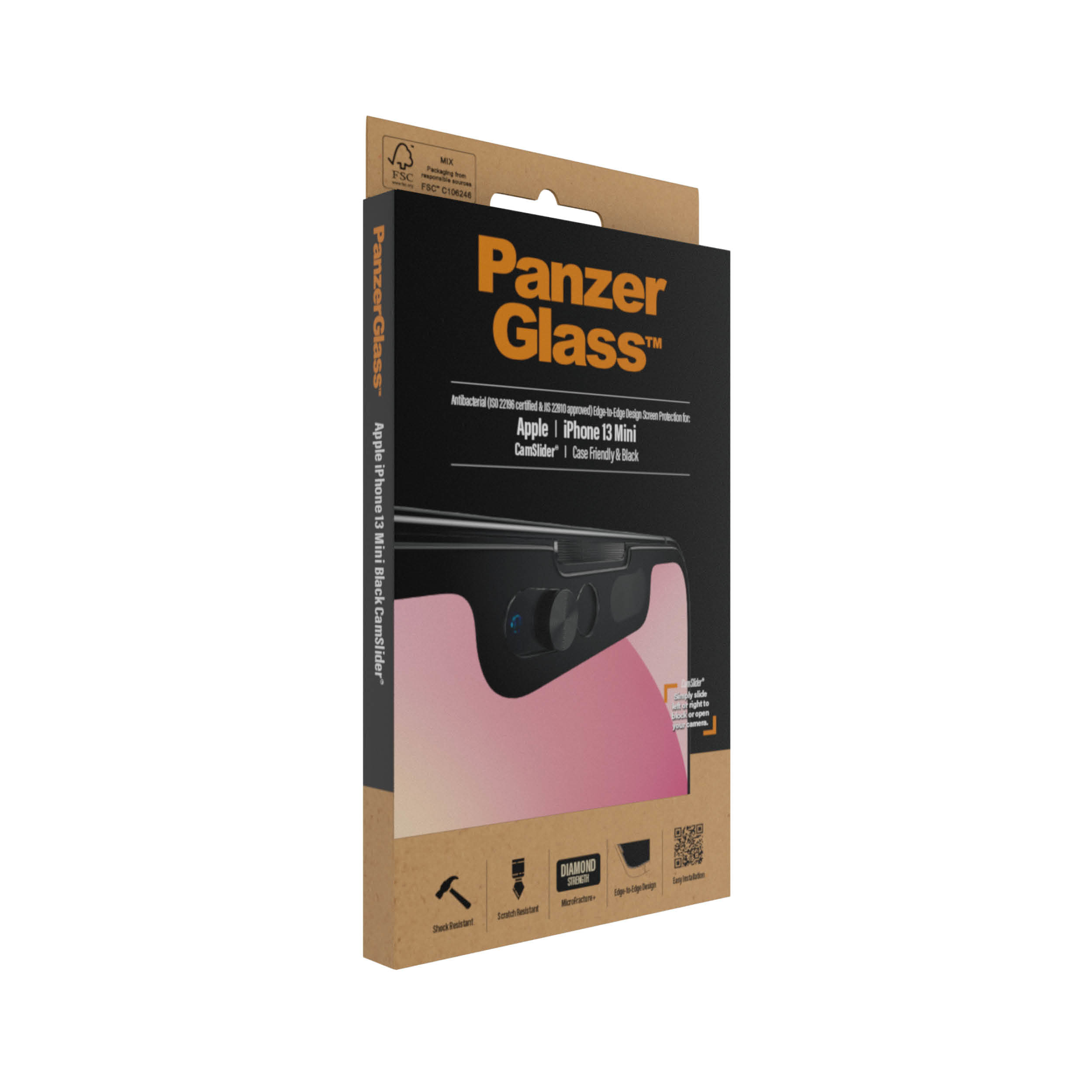 Scatola PanzerGlass per protezione schermo iPhone 13 Mini, vista angolata.