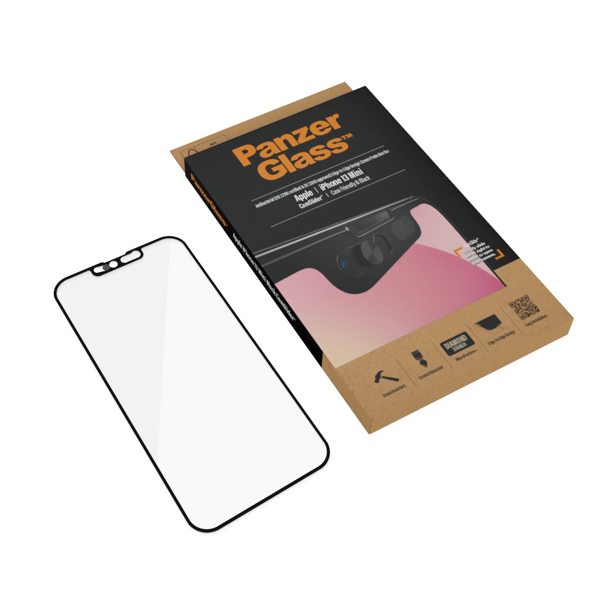 Protezione schermo iPhone 13 Mini e confezione su superficie bianca.