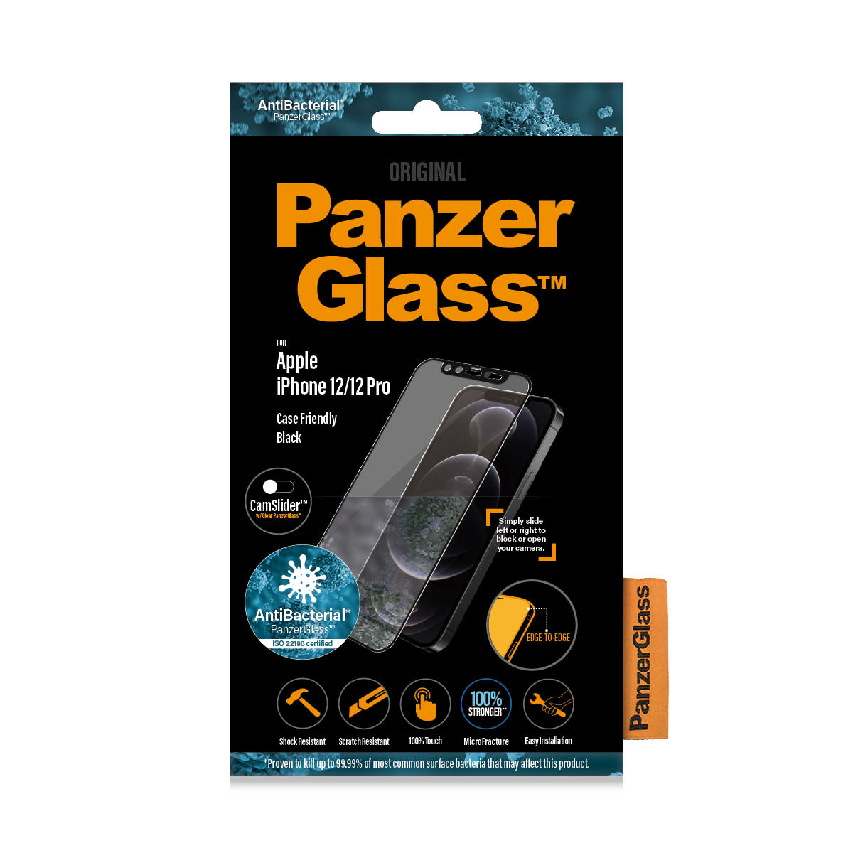 Scatola PanzerGlass per protezione schermo iPhone 12/12 Pro, primo piano.