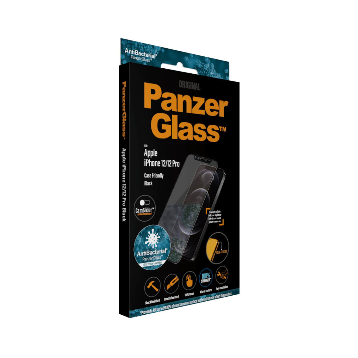 Scatola PanzerGlass per iPhone 12/12 Pro, vista angolata.