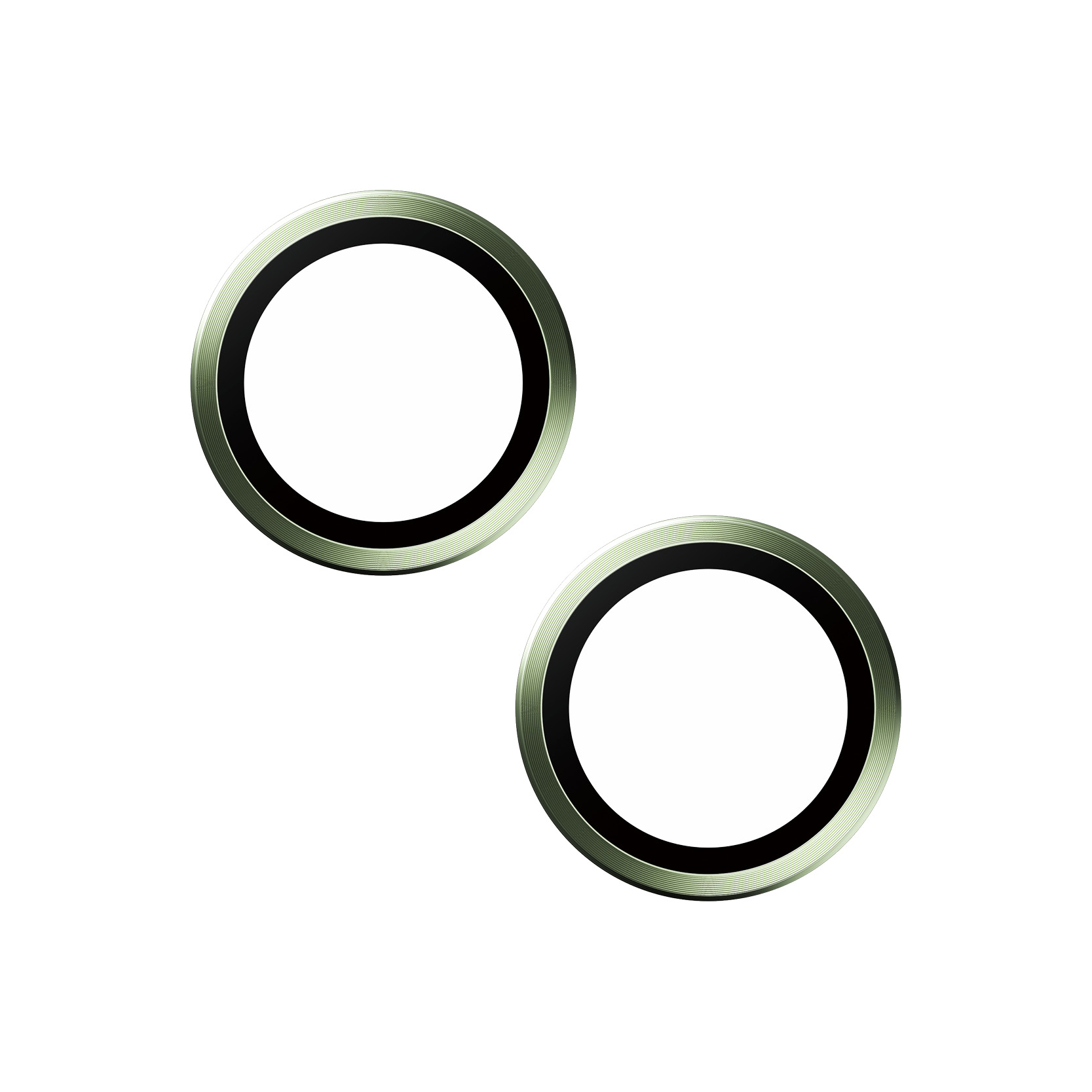 Twee cirkelvormige objecten met groen getinte randen en zwarte binnenringen, op een witte achtergrond.