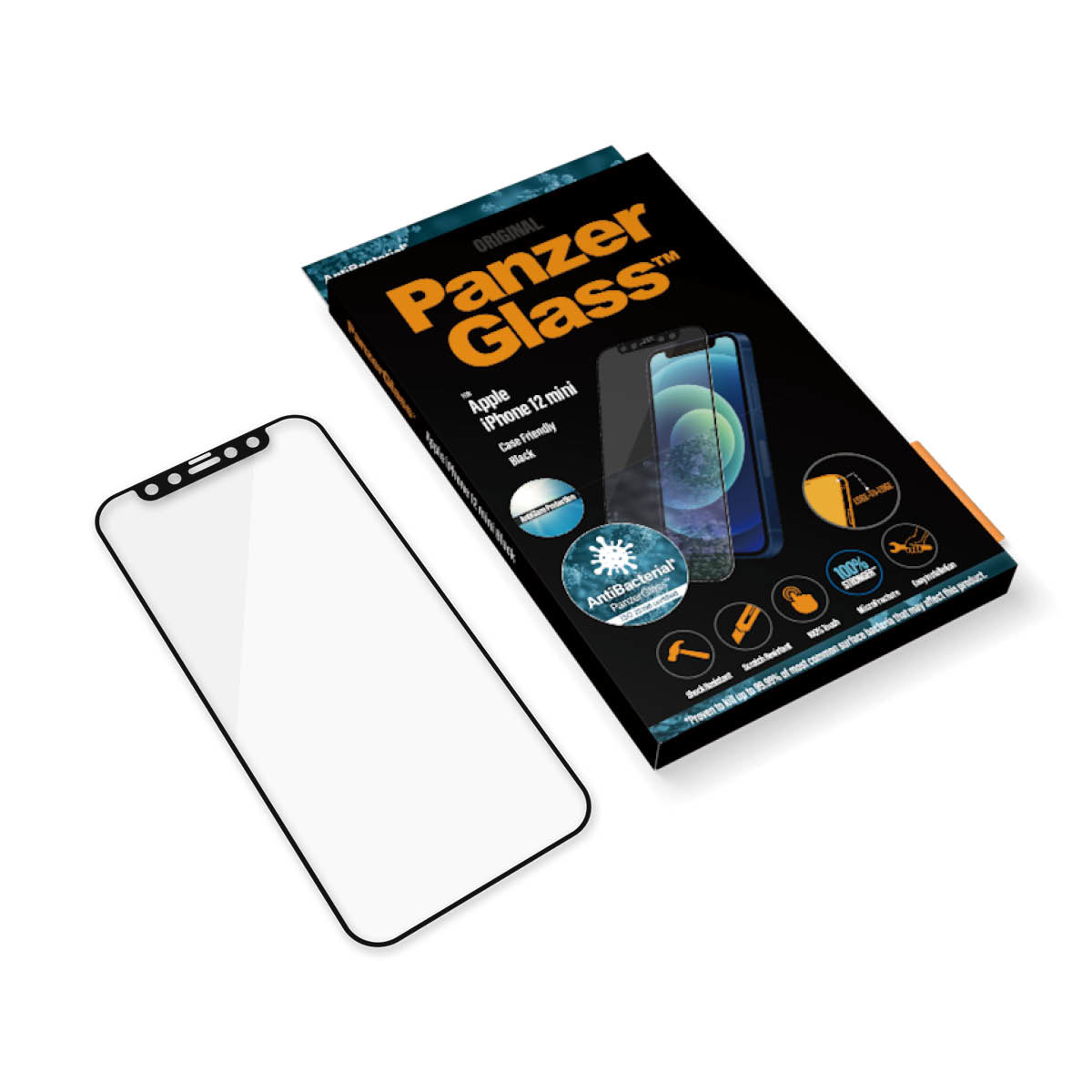 Scatola con marchio Panzer Glass, telefono e protezione schermo. Il telefono mostra il suo schermo.