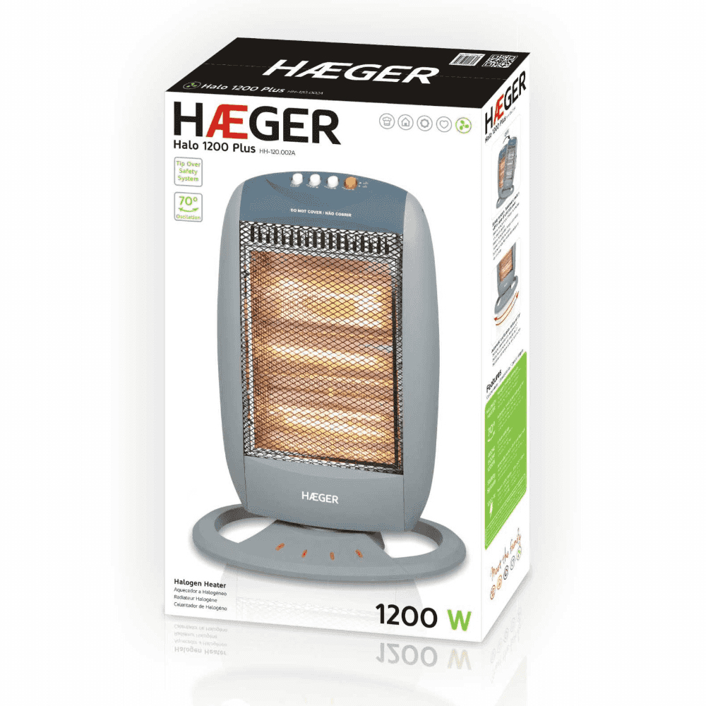 Calentador halógeno gris y blanco en una caja. La caja muestra el calentador y sus características. 1200W de potencia.