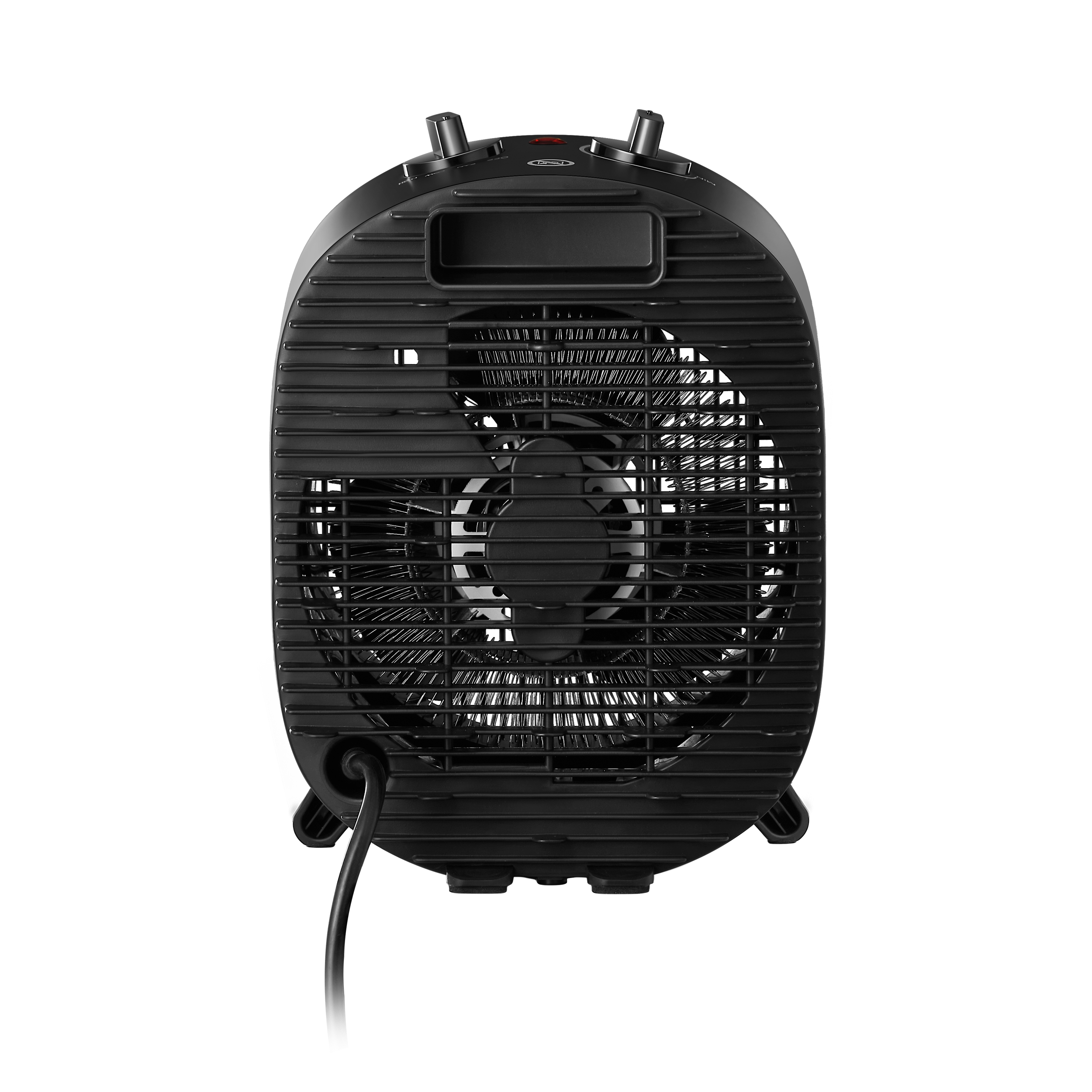 Czarny grzejnik wentylatorowy z osłoną i przewodem zasilającym.