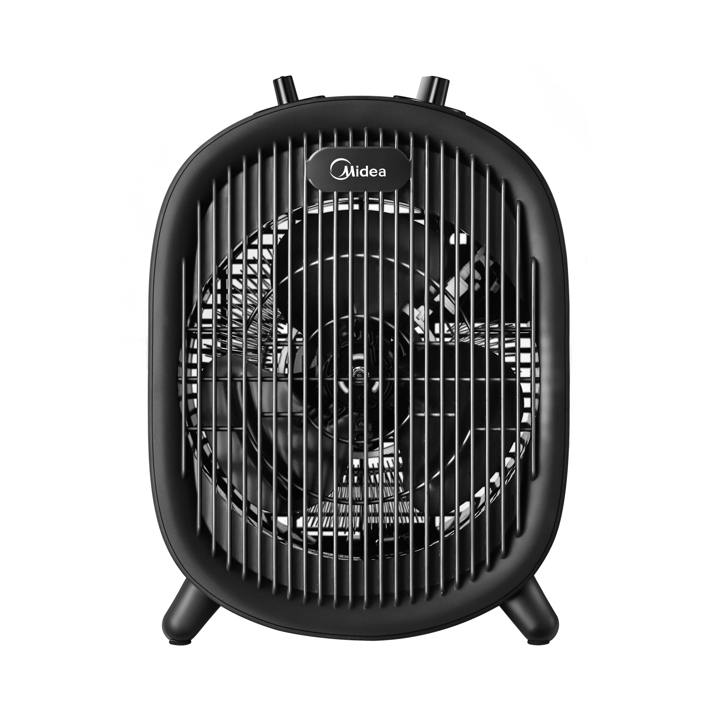 Czarny wentylator o owalnym kształcie i czarnej kratce. Trzy nogi dla wsparcia.