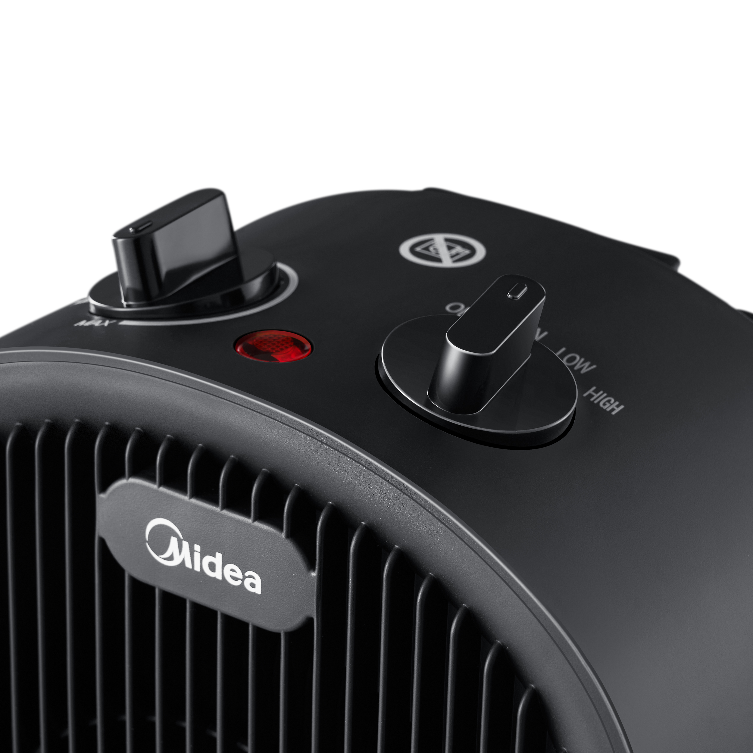Czarny grzejnik Midea z dwoma pokrętłami i czerwonym światłem.