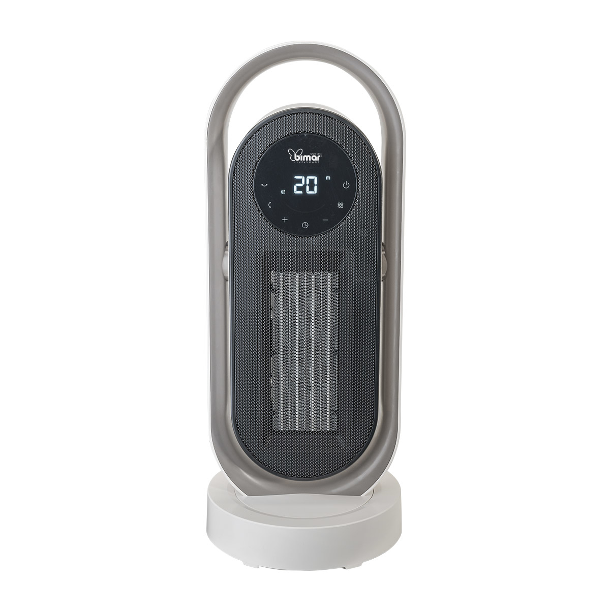 Termoventilatore elettrico bianco e grigio con display digitale, maniglia e base.
